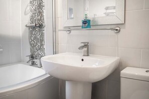 Shower, hair dryer, shampoo