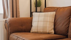 A brown leather sofa with a plaid pillow, a black-framed plant shelf, and beige curtains. - Park and walk to city centre!  Cosy terrace (Handbridge)
