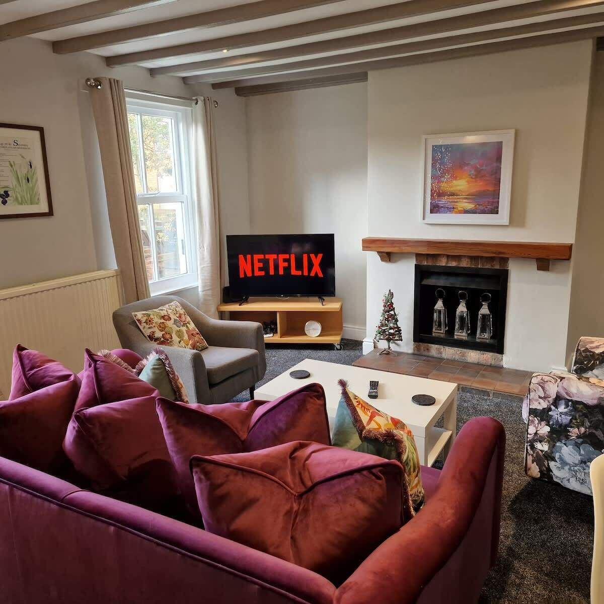 A living room with a television displaying 'NETFLIX,' a fireplace, and a framed picture on the wall.