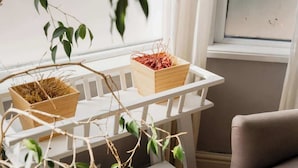 A white bench with two wooden planters containing dried plants. - Sleeps 6, off street parking, close to city (Cheshire West and Chester)