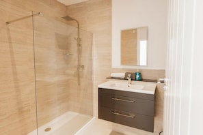 Shower, hair dryer, shampoo