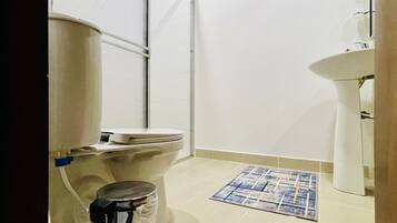 Hair dryer, towels, soap, toilet paper