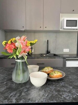 Fridge, microwave, stovetop