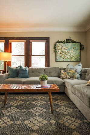 Smart TV, fireplace, books