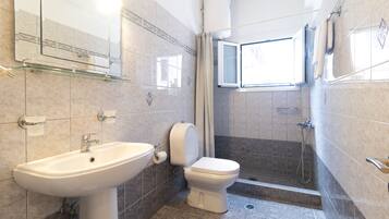 Shower, hair dryer, towels, toilet paper