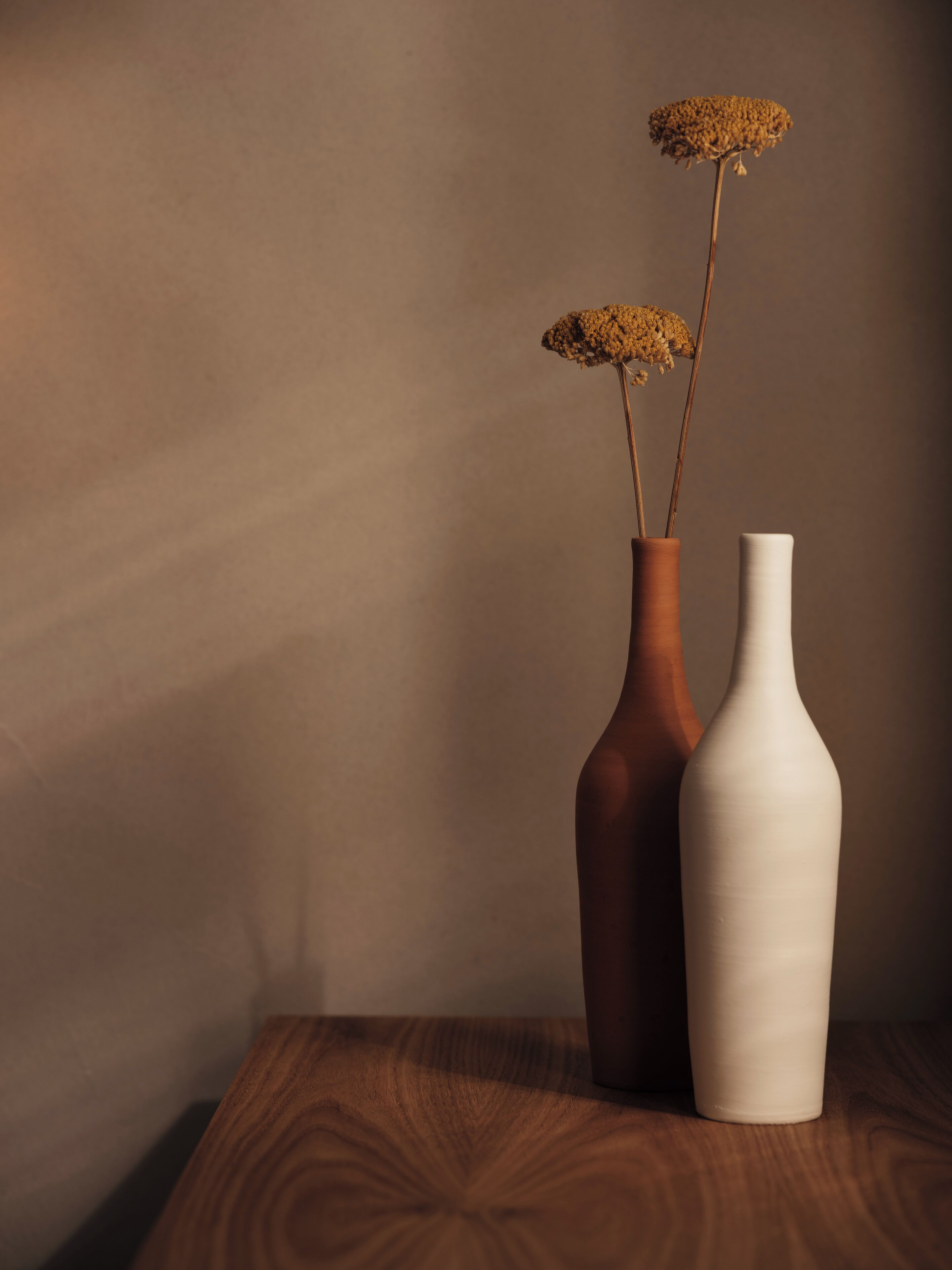 Deux vases posés sur une table en bois, devant un mur uni.