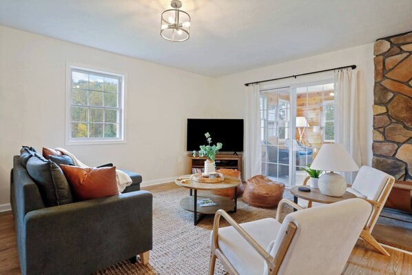 Smart TV, fireplace, video games, DVD player