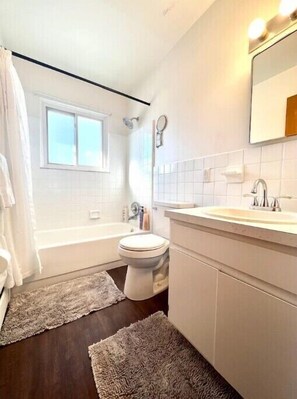 Hair dryer, towels, soap, shampoo