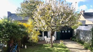Un jardín con un árbol, una bicicleta y una silla blanca.