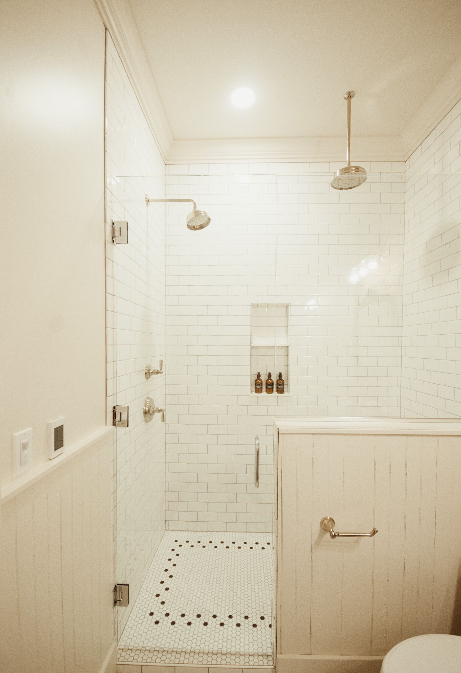 Shower, rainfall showerhead, hair dryer, heated floors