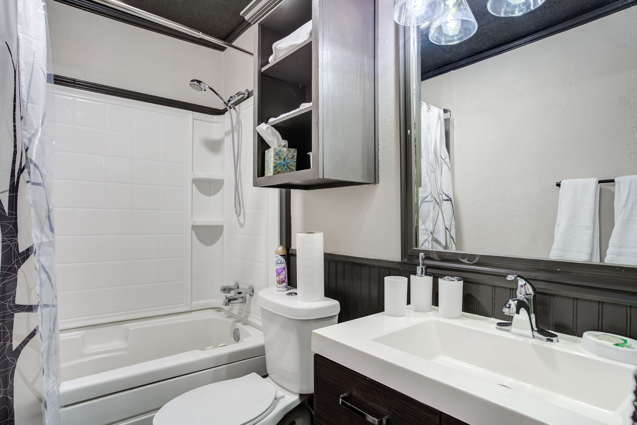 Combined shower/tub, hair dryer, towels