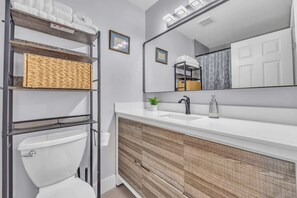 Shower, hair dryer, shampoo
