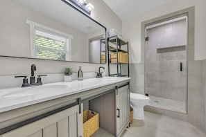 Shower, hair dryer, shampoo