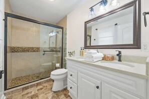 Shower, hair dryer, shampoo