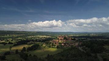 A historic castle surrounded by lush green fields and a clear sky.