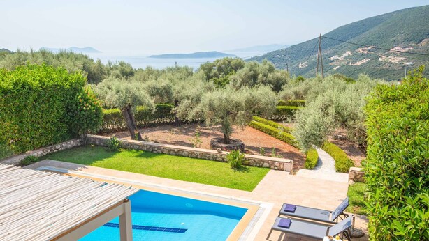 Ein Pool mit Blick auf das Meer und die Berge, umgeben von Grünpflanzen und einem Steinweg.