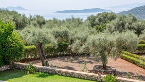 Ein angelegter Garten mit Olivenbäumen, einem Steinweg und Blick auf das Meer und die entfernten Hügel.