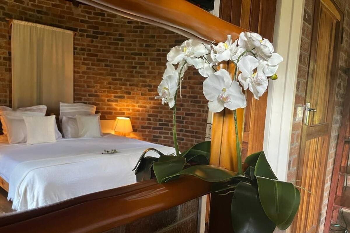 A hotel room with a brick wall, a wooden bed frame, white bedding, and a large potted plant with white flowers.