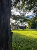 A grassy park area with a swing set and a gazebo.