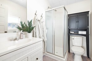 Shower, hair dryer, towels, soap
