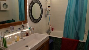 Hair dryer, towels, soap, shampoo