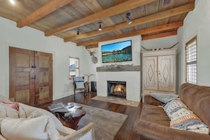 Smart TV, fireplace, books