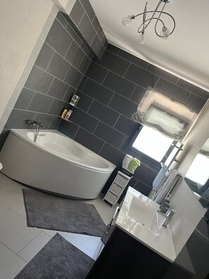 Shower, hair dryer, bidet, towels