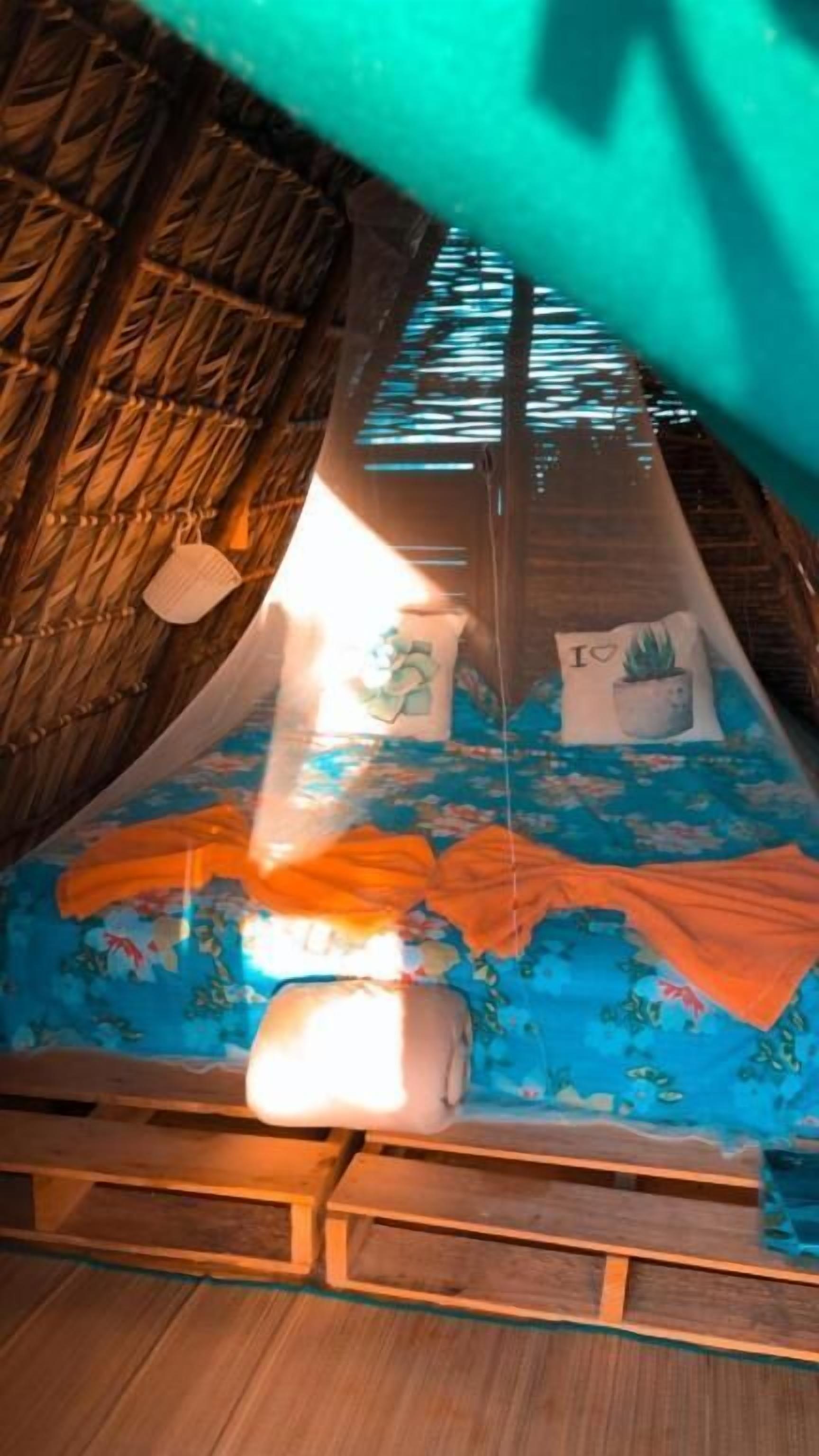 Une pièce avec un toit de chaume, un lit recouvert d’une courtepointe à motifs floraux bleus et une petite plante en pot posée sur le lit.