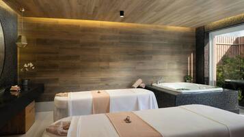 Parihoitohuone(ita), sauna, poreallas, höyrysauna, vartalohoitoja