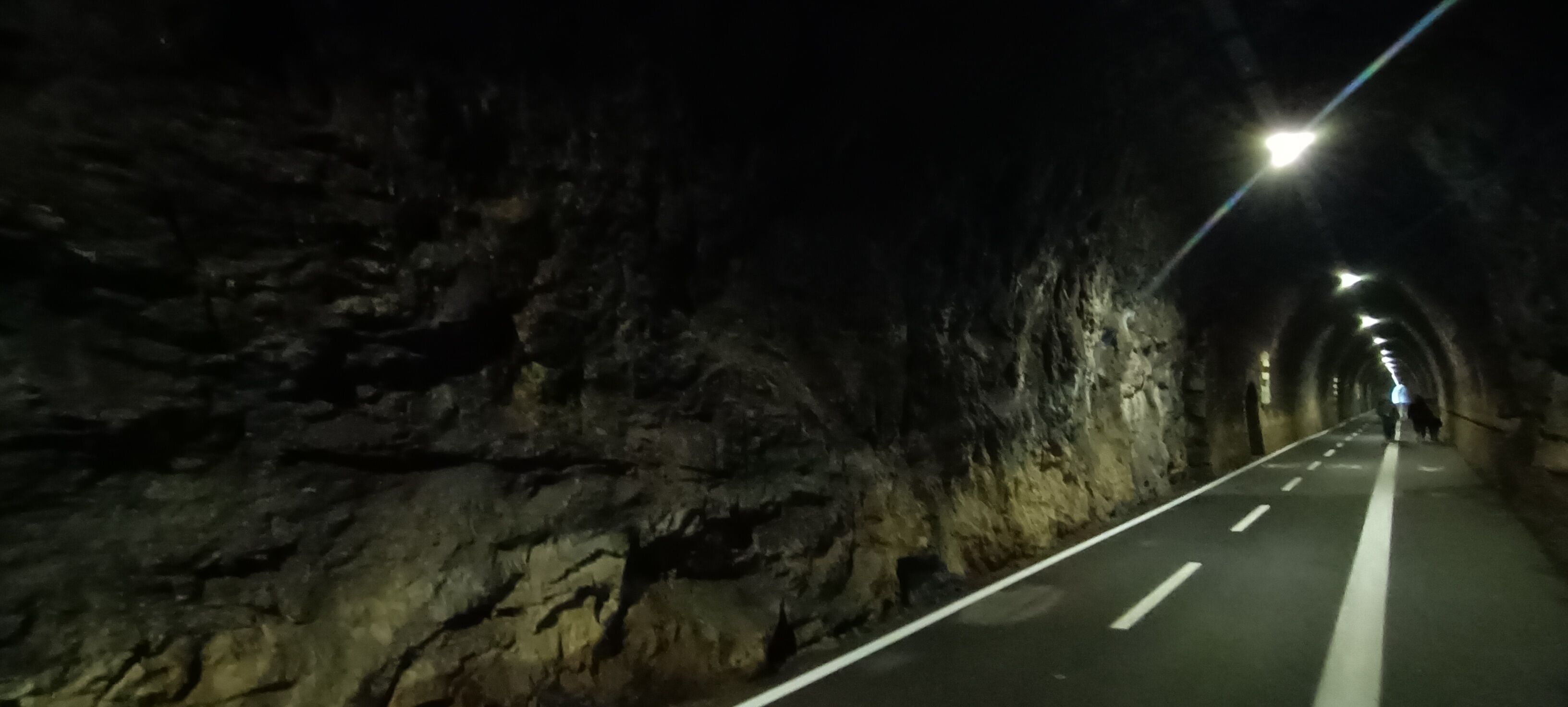 A tunnel with a road and street lamps.