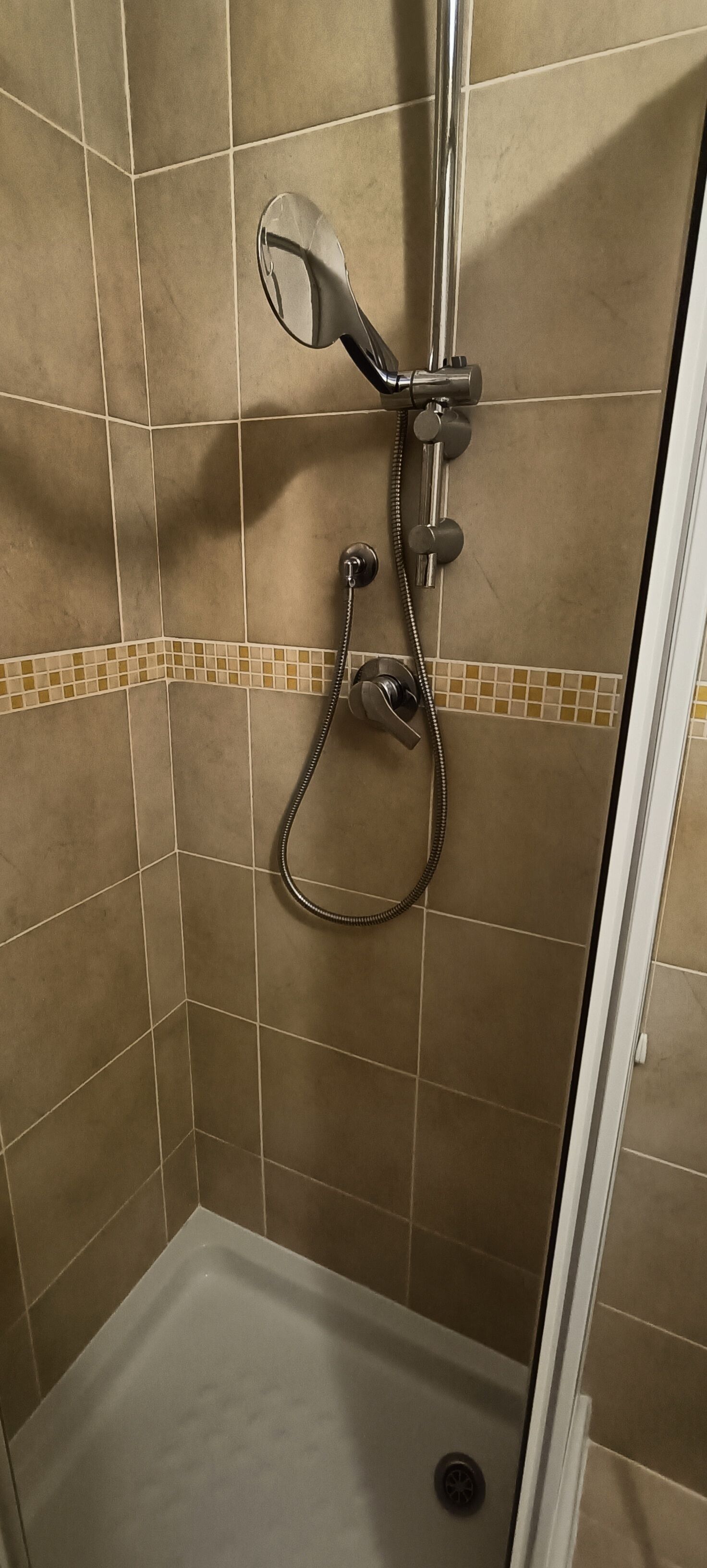 Un área de ducha con cabezal de ducha de mano, grifo empotrado en la pared y desagüe en el suelo.