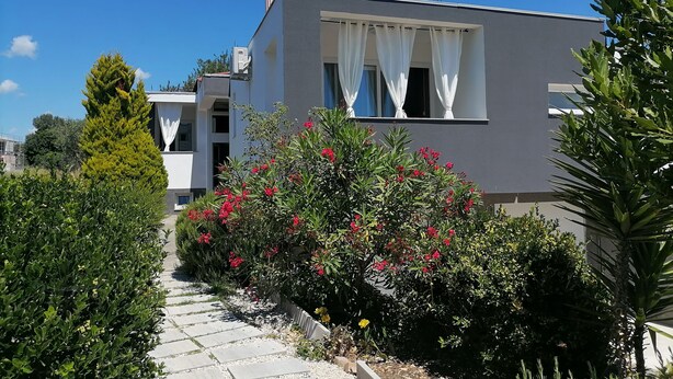 A modern building with a flat roof, white exterior walls, and a balcony with white curtains.