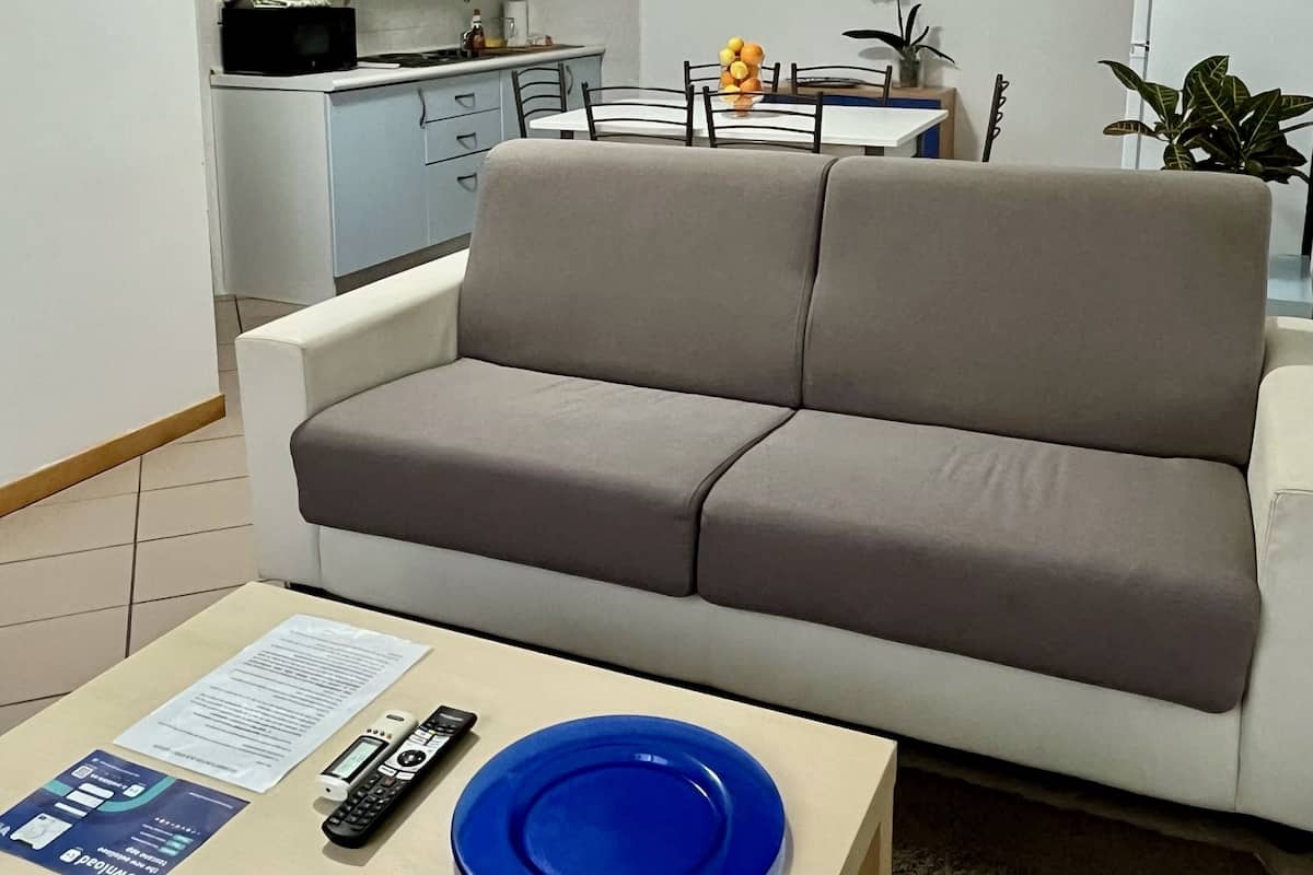 A living room with a grey sofa, a small table with a blue plate, and a kitchen area in the background.