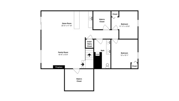 Un plan d’étage comprenant une salle de jeux, un salon familial, une cheminée, des dressings, une salle de bain et deux chambres.