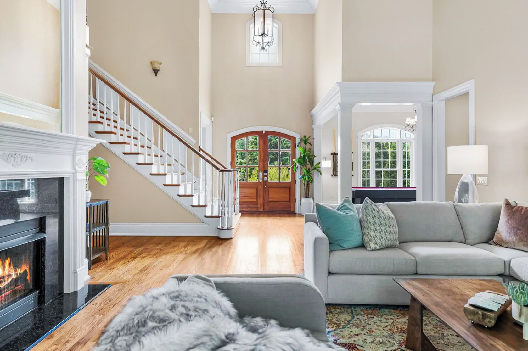 Smart TV, fireplace, foosball