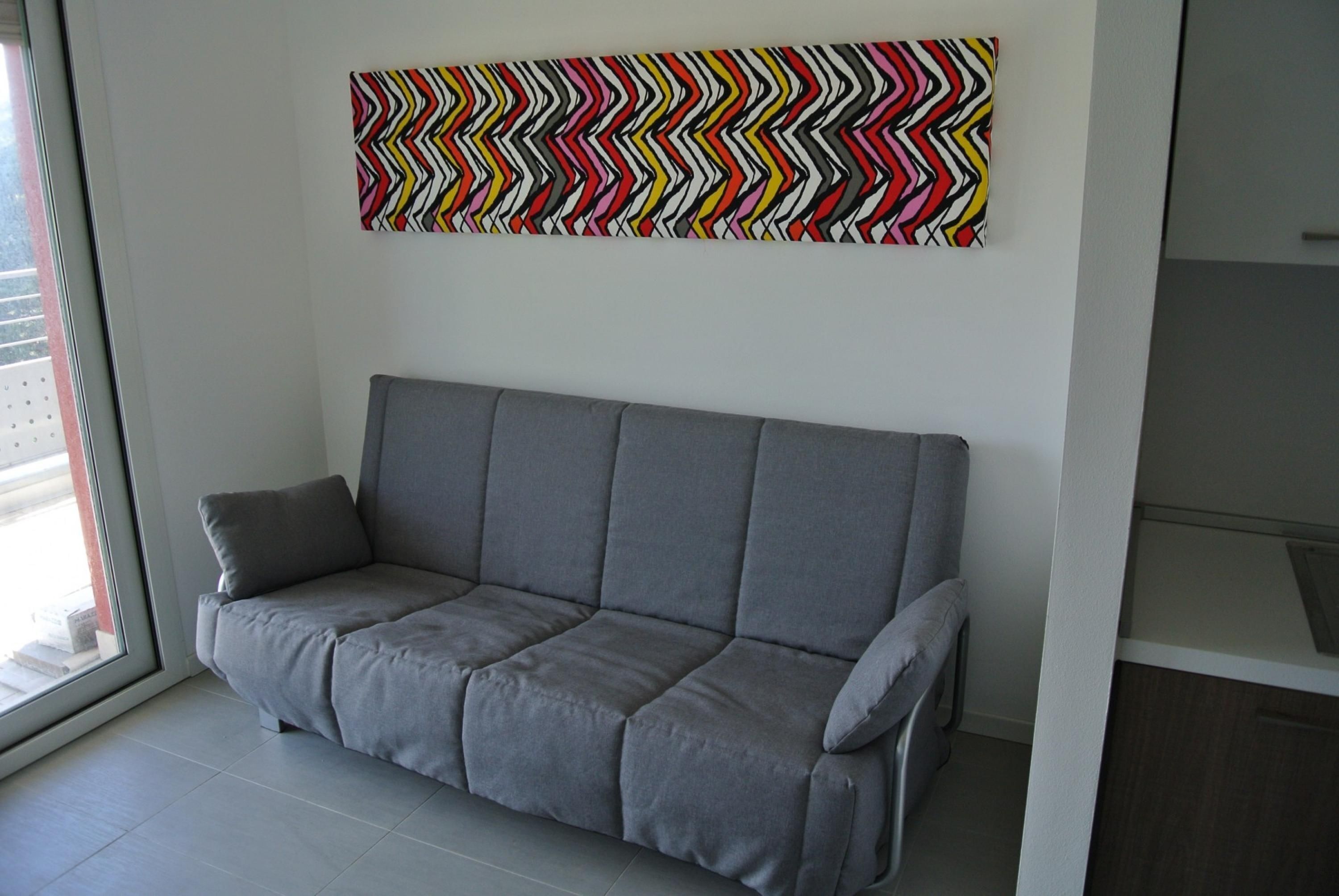 A grey sofa with a cushion, a colorful zigzag patterned artwork on the wall, and a view of the outside through a glass door.