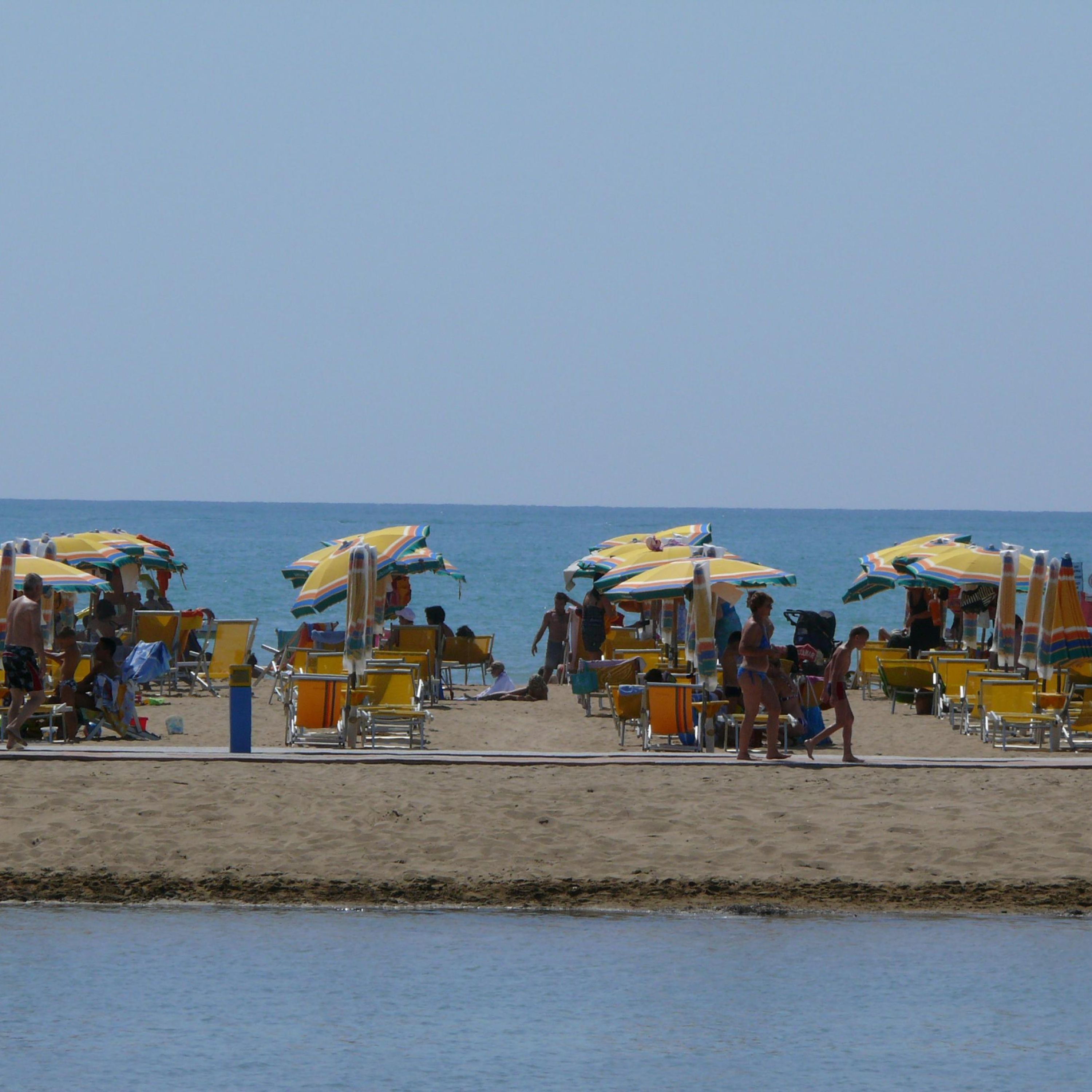 A beach with rows of sun loungers and umbrellas.