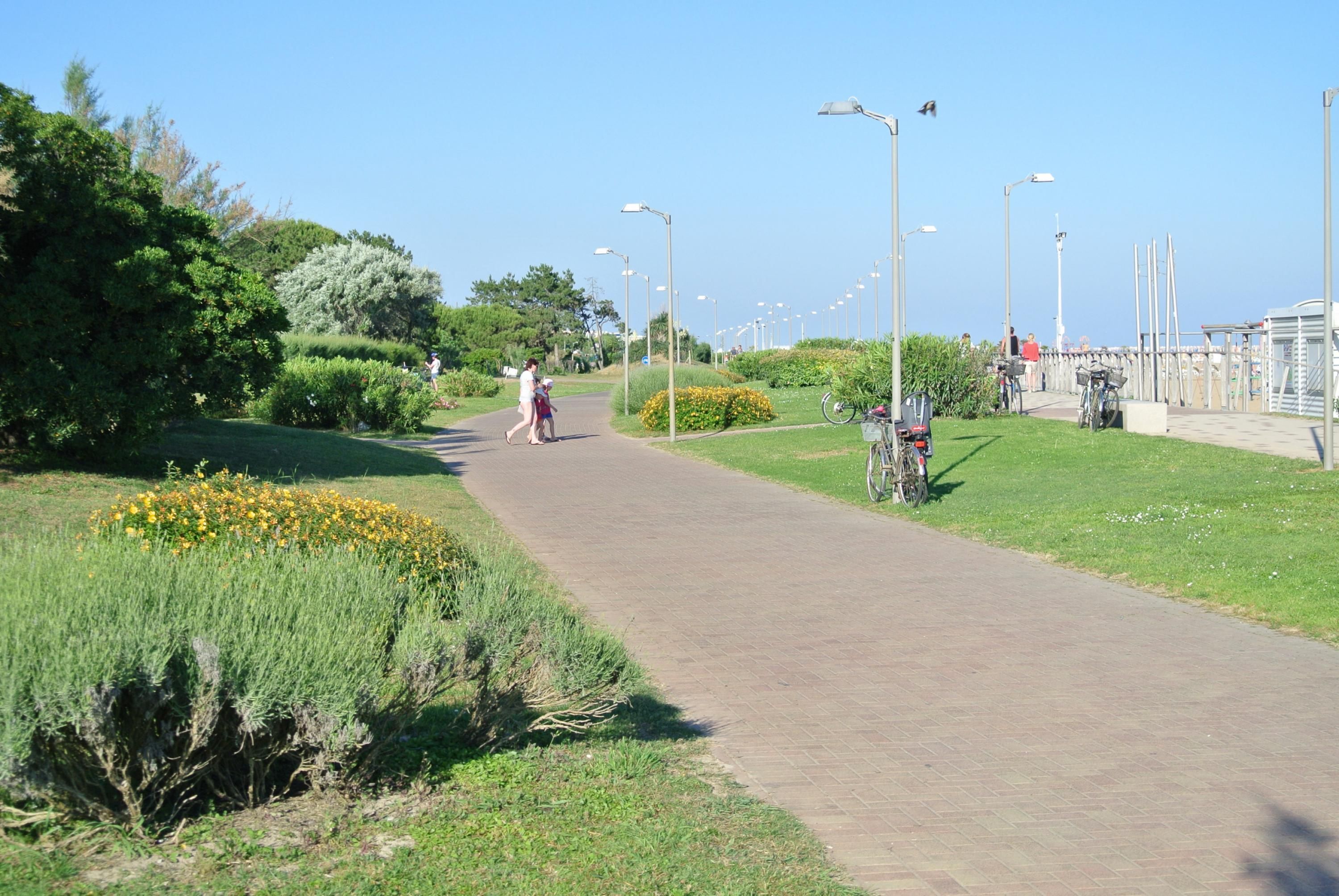 Un sentier pavé dans un parc, bordé de verdure et de fleurs.