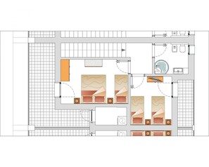 A hotel floor plan with multiple bedrooms, a kitchen, a bathroom, and a small dining area. - Villa Onda D in Bibione (San Michele al Tagliamento)