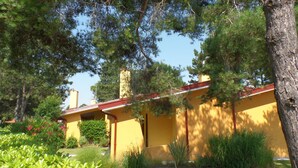 A yellow building with a red roof, surrounded by green trees and plants. - Azzurro 346 in Bibione (San Michele al Tagliamento)