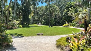 Un giardino curato con diverse alberi e arbusti, un vialetto ben definito e un'ampia area verde al centro.