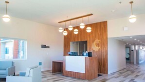 A modern reception area with a wooden reception desk, multiple hanging pendant lights, and a seating area with a sofa and armchairs. - Comfort Inn Battle Mountain - Midway Between Elko and Winnemucca (Battle Mountain)