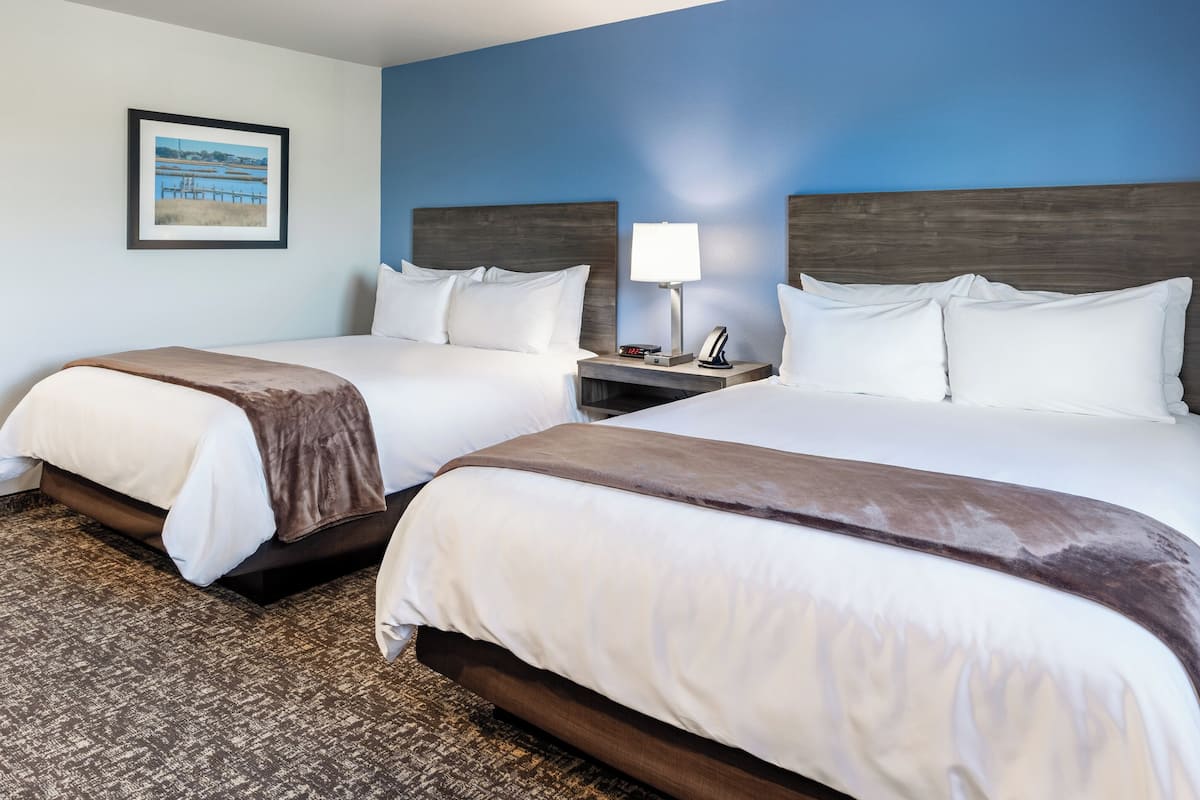 A hotel room with two beds, a nightstand with a lamp, and a framed picture on the wall.
