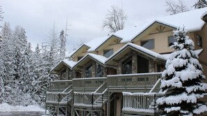 Un chalet doté de nombreux balcons et surplombant un paysage enneigé.