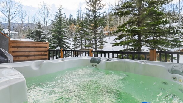 Un bain à remous doté d’une terrasse en bois et d’une rambarde en métal, entouré d’arbres couverts de neige et avec une chaîne de montagnes en arrière-plan.