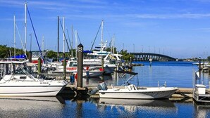 A marina with several boats docked at the pier, a clear blue sky, and a bridge in the background.