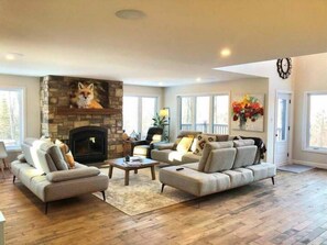 Smart TV, caminetto, tavolo da calcetto, impianto stereo