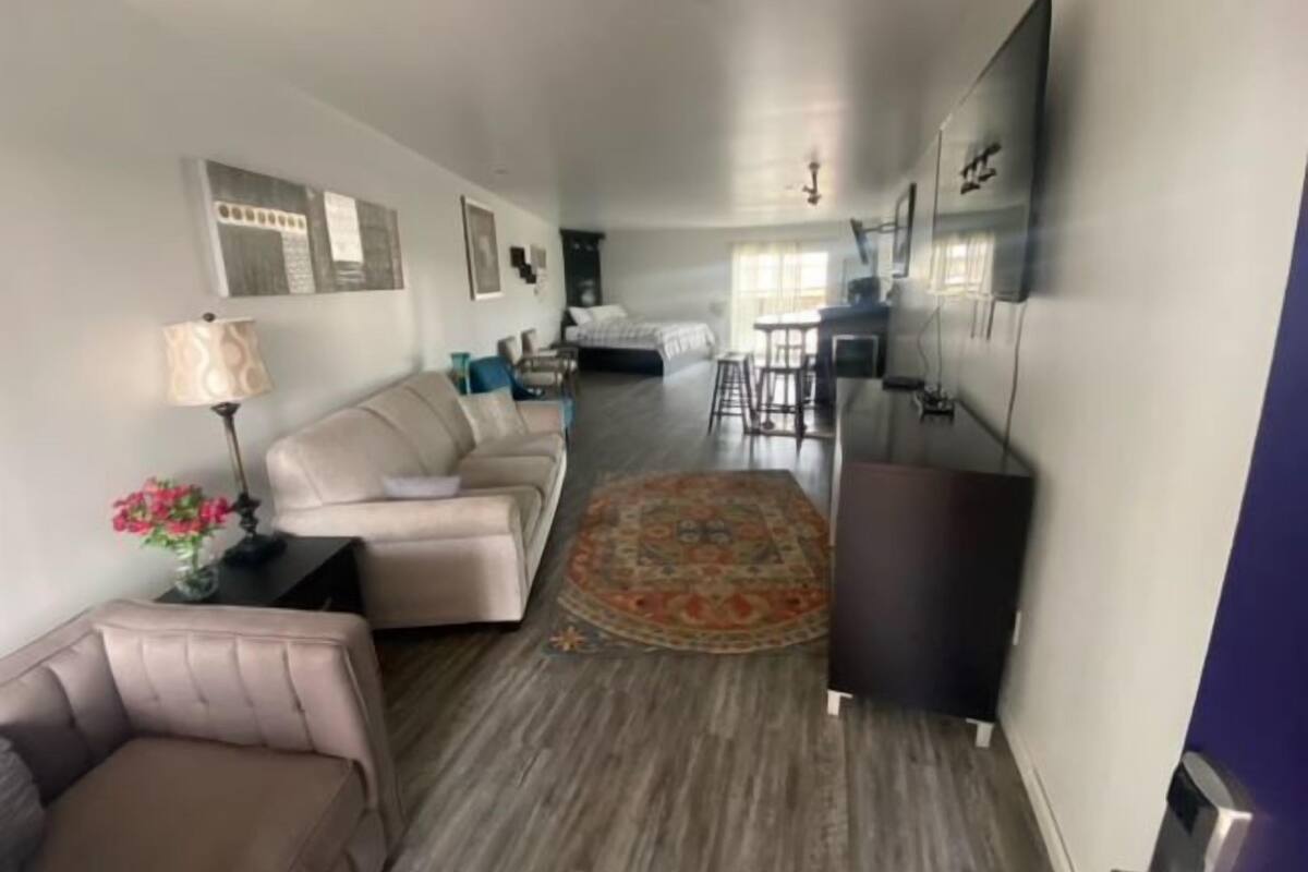 A spacious living area with a sofa, a coffee table, and a rug. There is a kitchen area with a dining table and chairs.