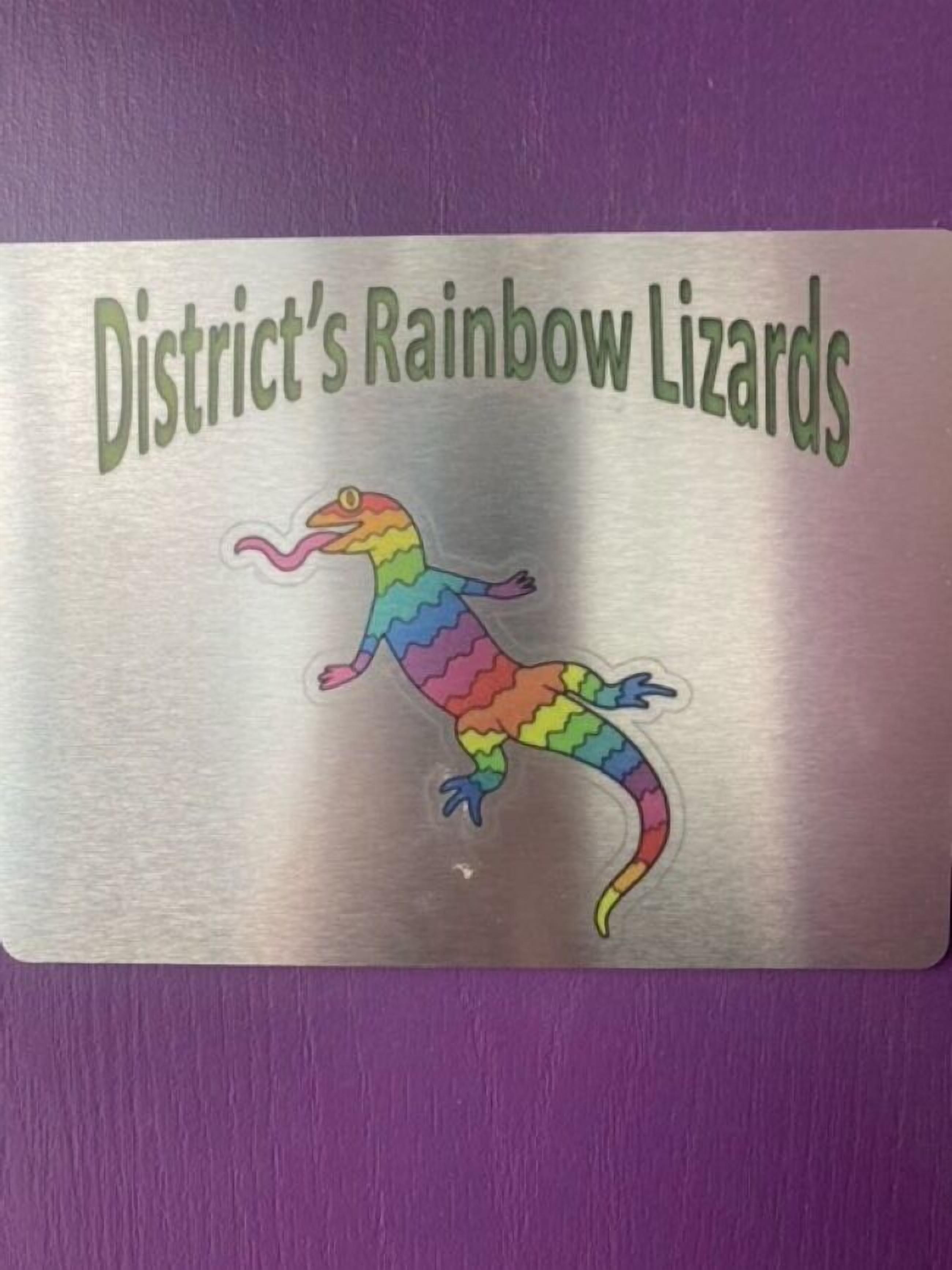 A plaque with the text "District's Rainbow Lizards" and a colorful lizard illustration.