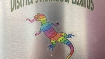 A plaque with the text "District's Rainbow Lizards" and a colorful lizard illustration.